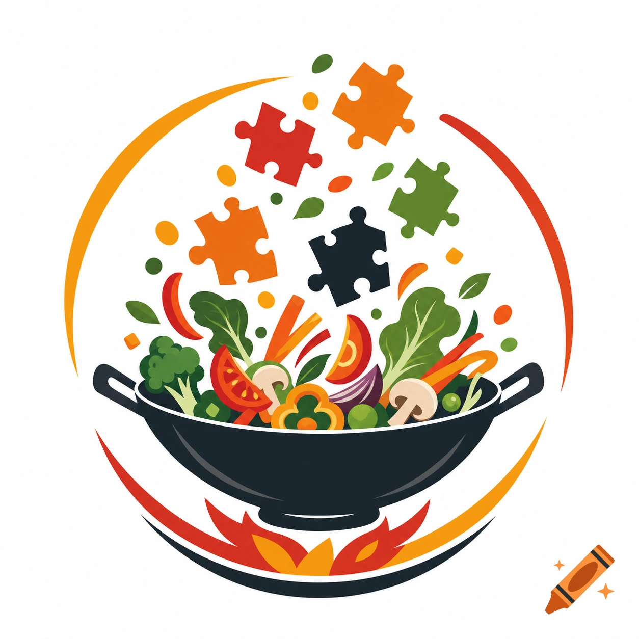 Vector logo of a wok with ingredients and colorful puzzle pieces flying out of it, styled with clean lines.