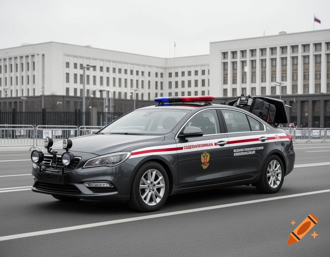 A photorealistic grey official sedan with red emergency lights on top, parked on an asphalt street in front of a large government building.