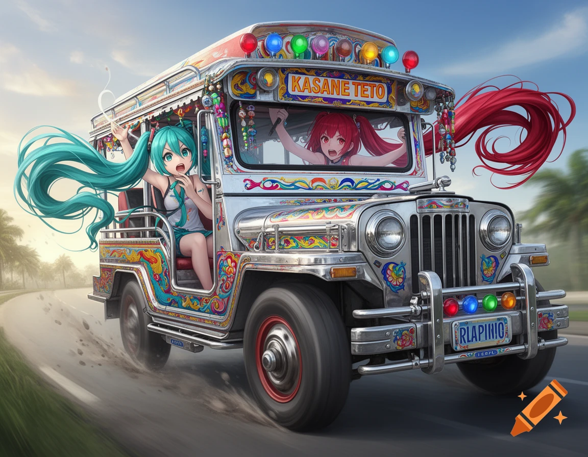 Anime characters Miku and Teto riding a brightly decorated Philippine jeepney driving down a road.
