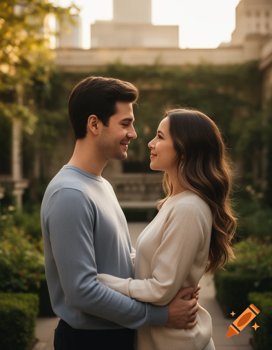Photorealistic side profile portrait of a young couple looking lovingly at each other outdoors in a garden setting.
