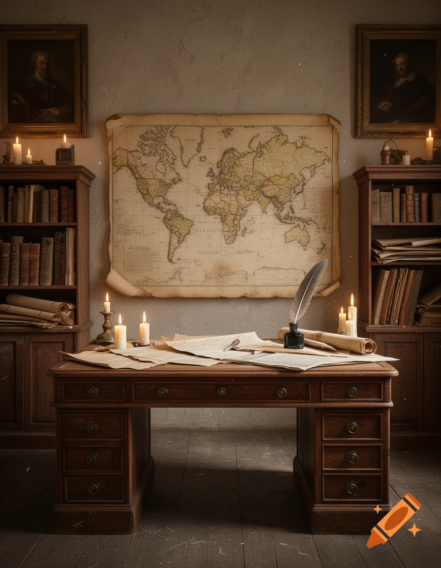 An 18th-century wooden desk with a quill, inkwell, and old papers, set against a room with bookshelves and a world map, cinematic lighting.