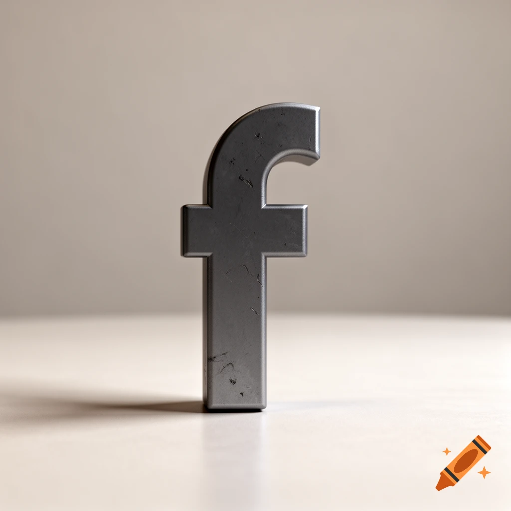 A metallic 3D lowercase letter f standing on a light surface with a soft neutral background.