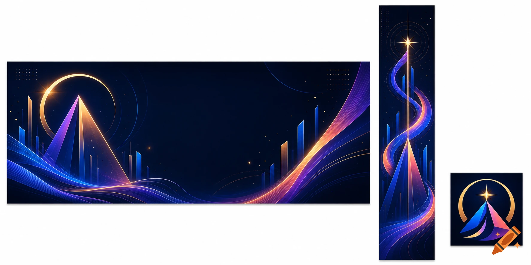 Futuristic digital banners and logos featuring glowing pyramids, abstract light waves, and star-like lights on a dark blue background.