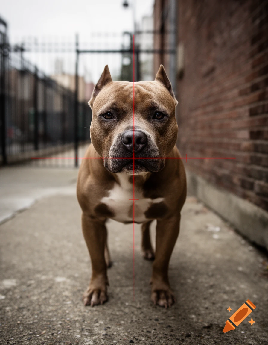 Photorealistic brown pitbull standing on a concrete sidewalk with a red crosshair overlay on its face.