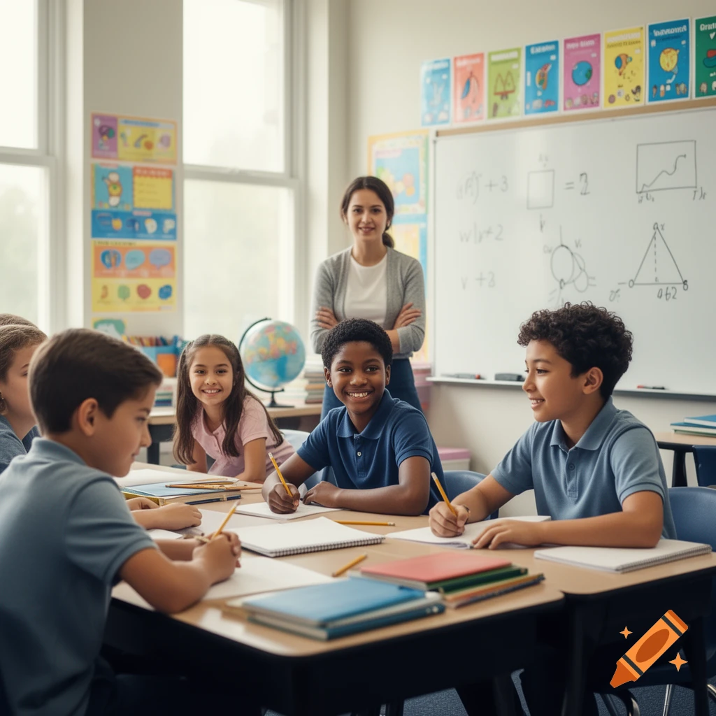 Students and teacher smiling in a bright classroom with a whiteboard in the background, photorealistic.