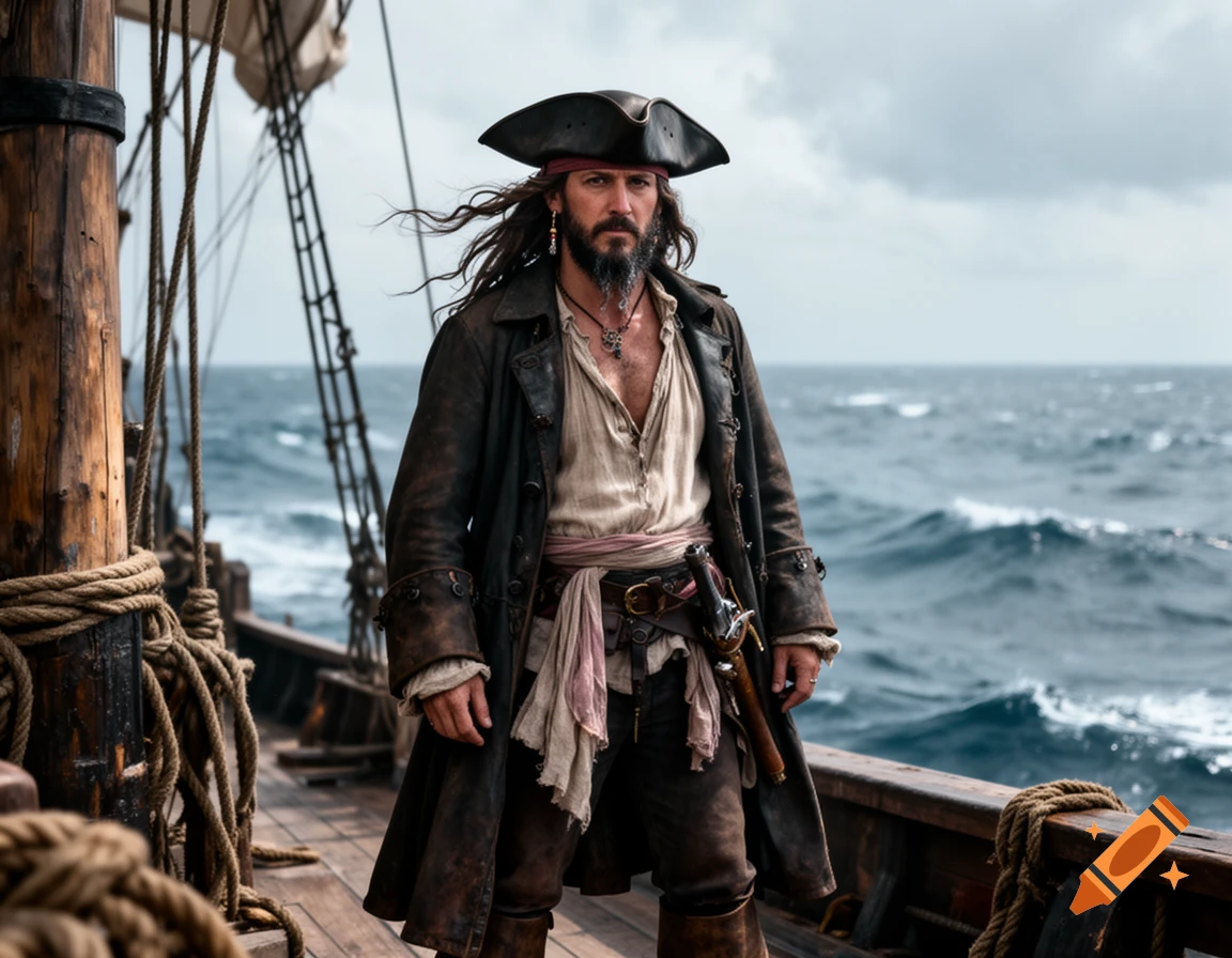 Photorealistic portrayal of a pirate captain standing on the deck of a ship at sea under a cloudy sky.