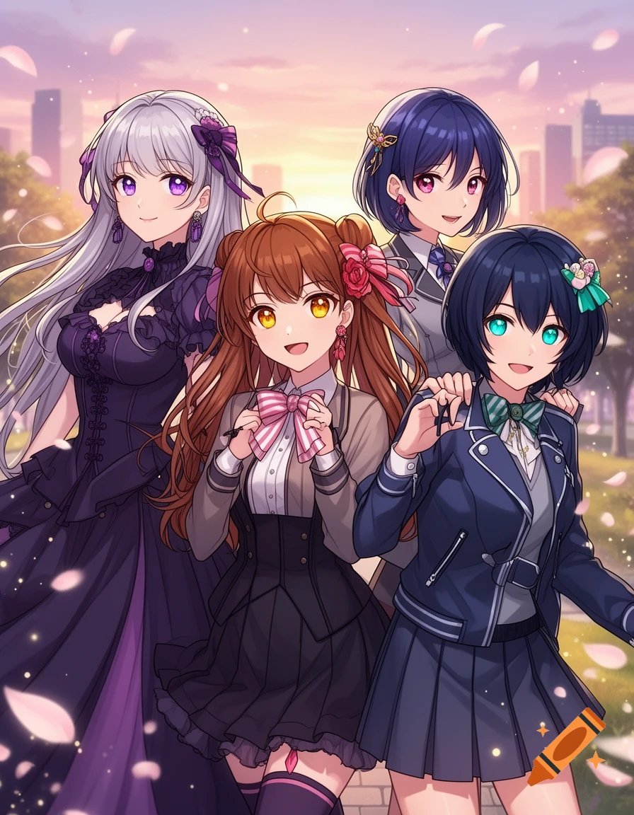 Anime style illustration of four smiling young women in school uniforms and dresses outdoors during sunset.