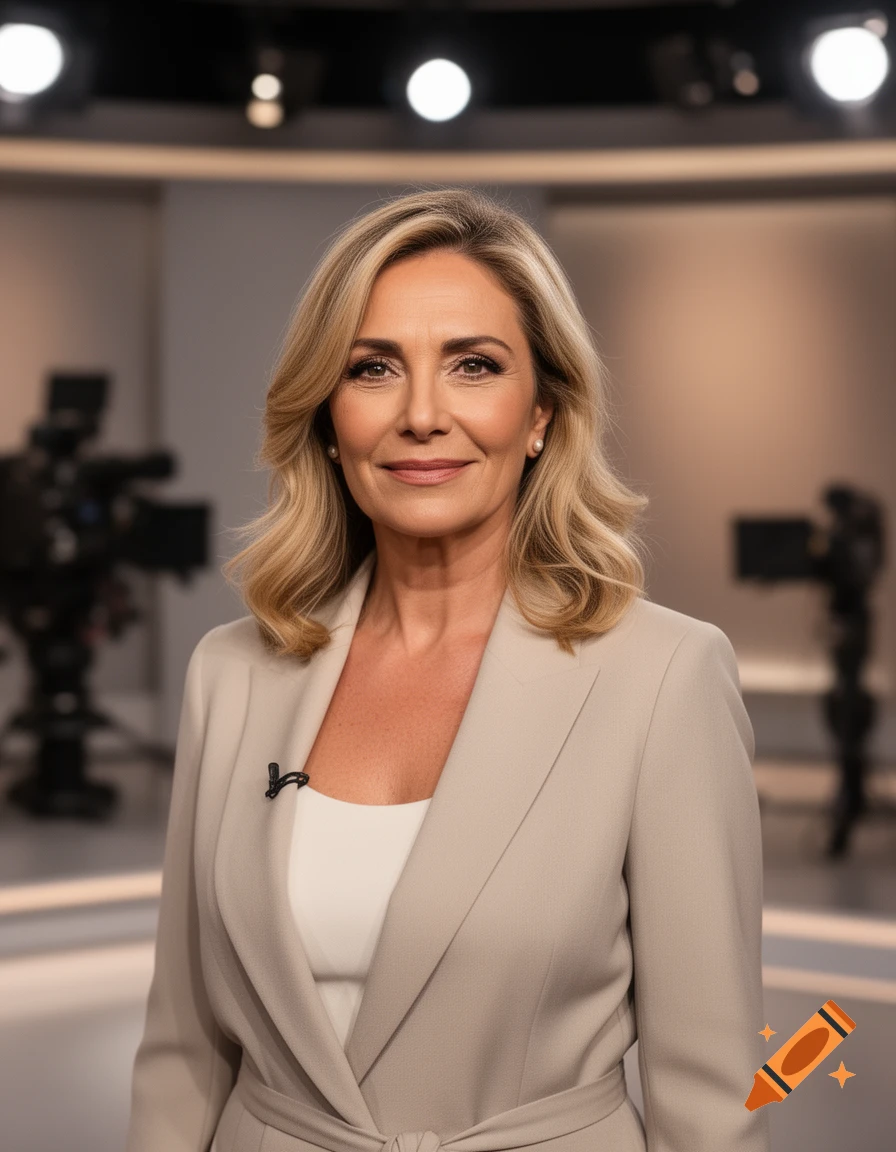 Photorealistic medium shot of a blonde woman in a beige blazer standing in a television studio.