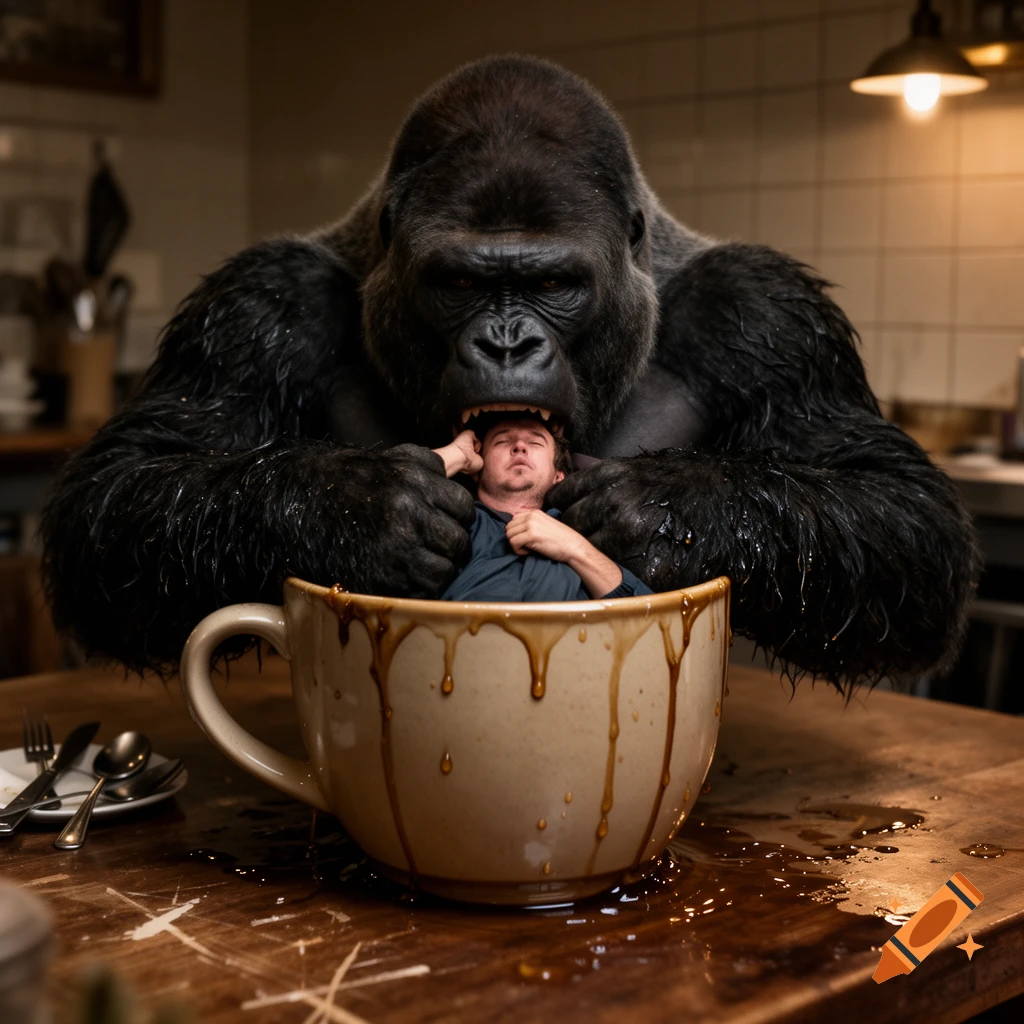 Photorealistic image of a massive gorilla peering into a giant coffee mug on a wooden table, with a small person inside its mouth.