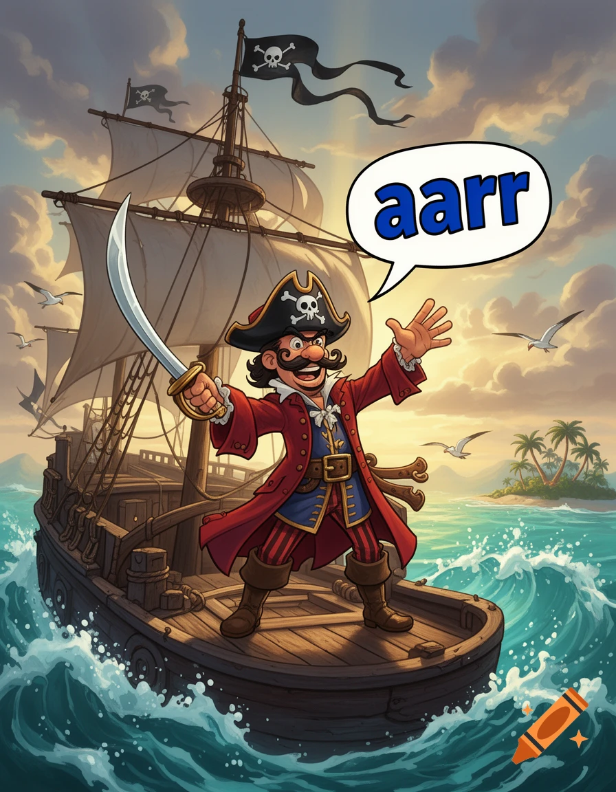 Cartoon illustration of a pirate captain on a wooden ship shouting aarrr in a speech bubble.