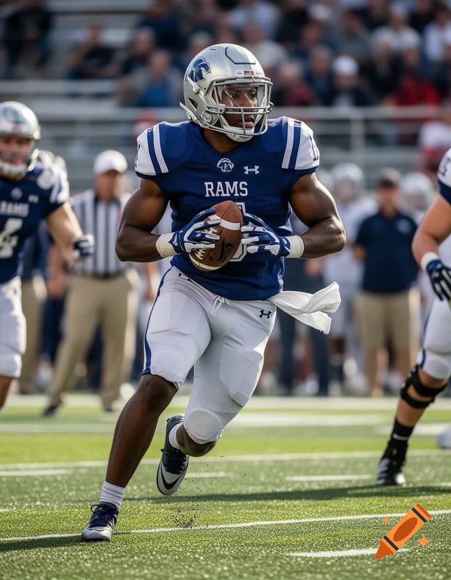Photorealistic action shot of an American football player in a blue and white uniform running with the ball on a field.