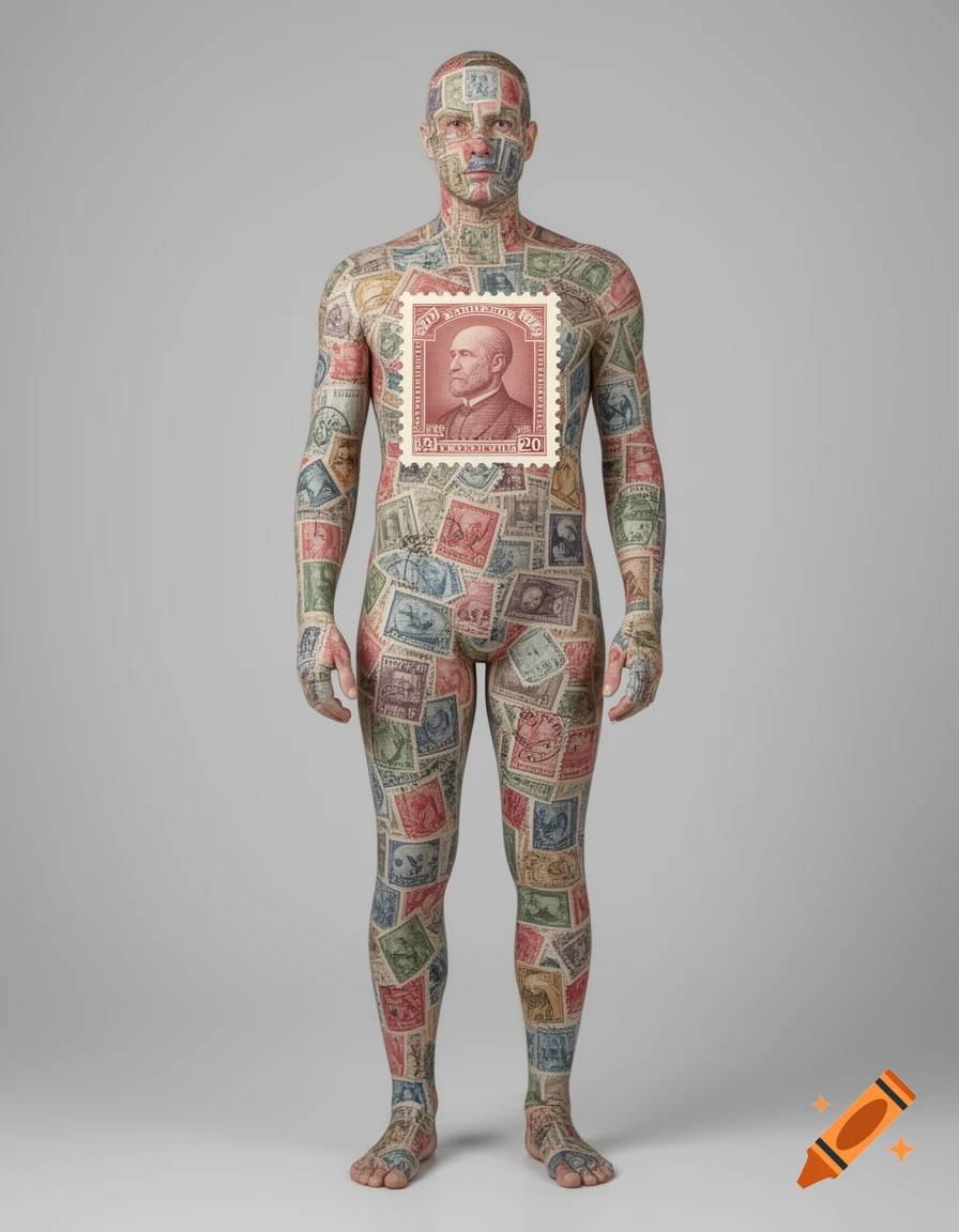 A full-body shot of a human figure completely covered in postage stamps, with one exceptionally large stamp on the chest.