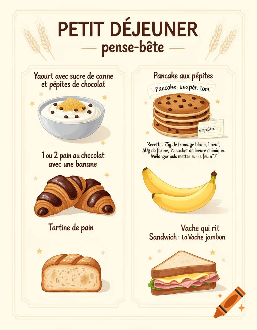 Illustrated A4 breakfast menu with French text, featuring bowls, croissants, bread, pancakes, bananas, and a sandwich in a digital art style.
