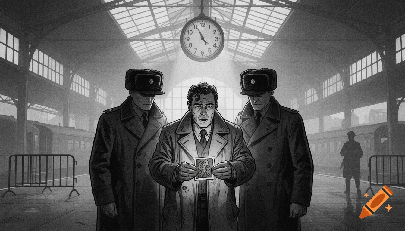Black and white graphic novel style image of a distressed man holding a photo, flanked by Soviet officers under a station clock.