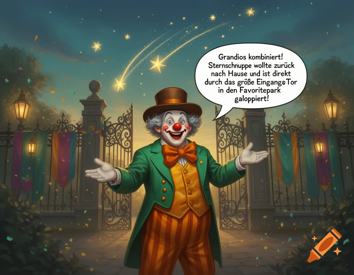 A friendly clown in a green jacket and top hat stands in front of ornate gates with a speech bubble.