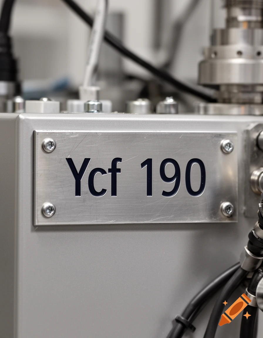 Close-up of a metallic label reading Ycf 190 affixed to industrial machinery with cables and valves in the background.