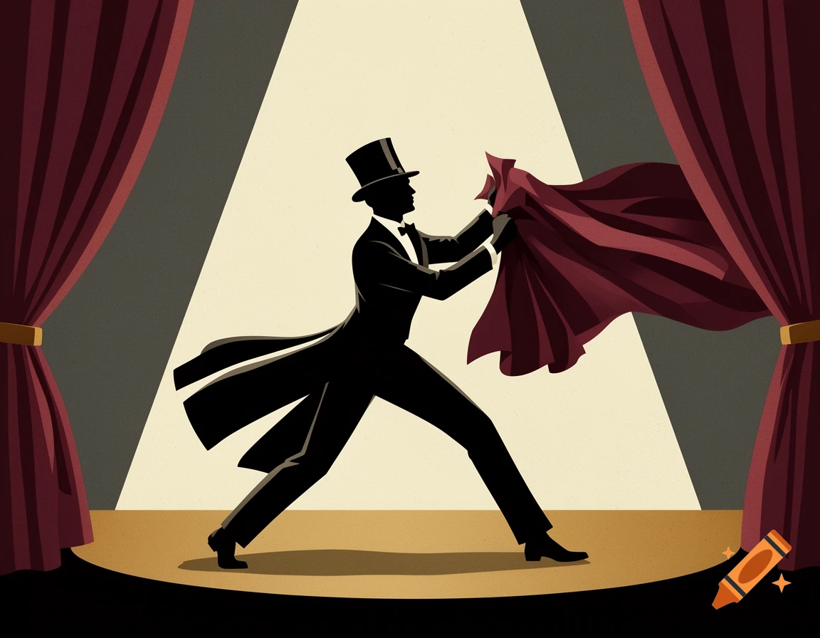 Vintage style illustration of the silhouette of a man in a top hat and suit pulling down a red curtain on a stage.