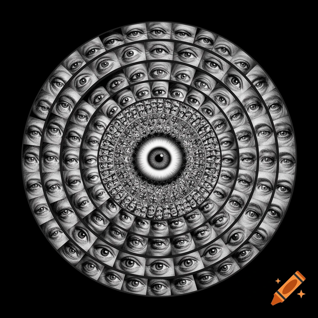 Black and white intricate mandala pattern composed of concentric circles of human eyes.