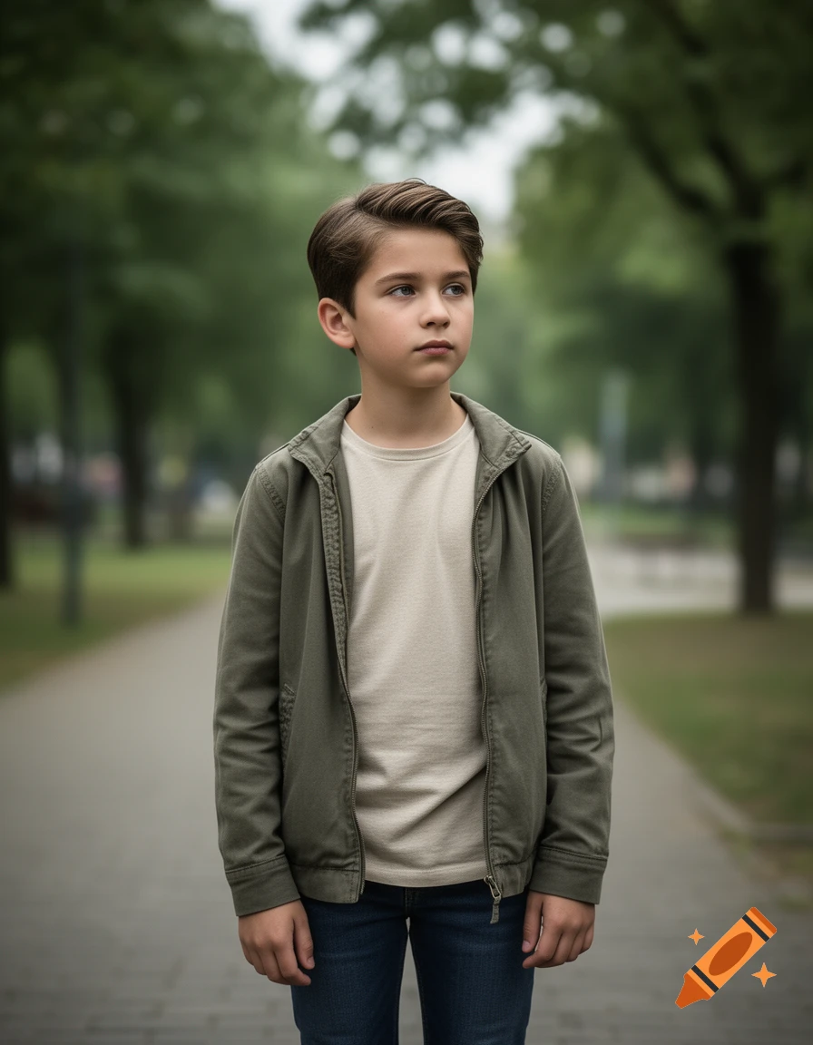 Photorealistic portrait of a pensive 12-year-old boy standing outdoors on a pathway with green trees in the background.