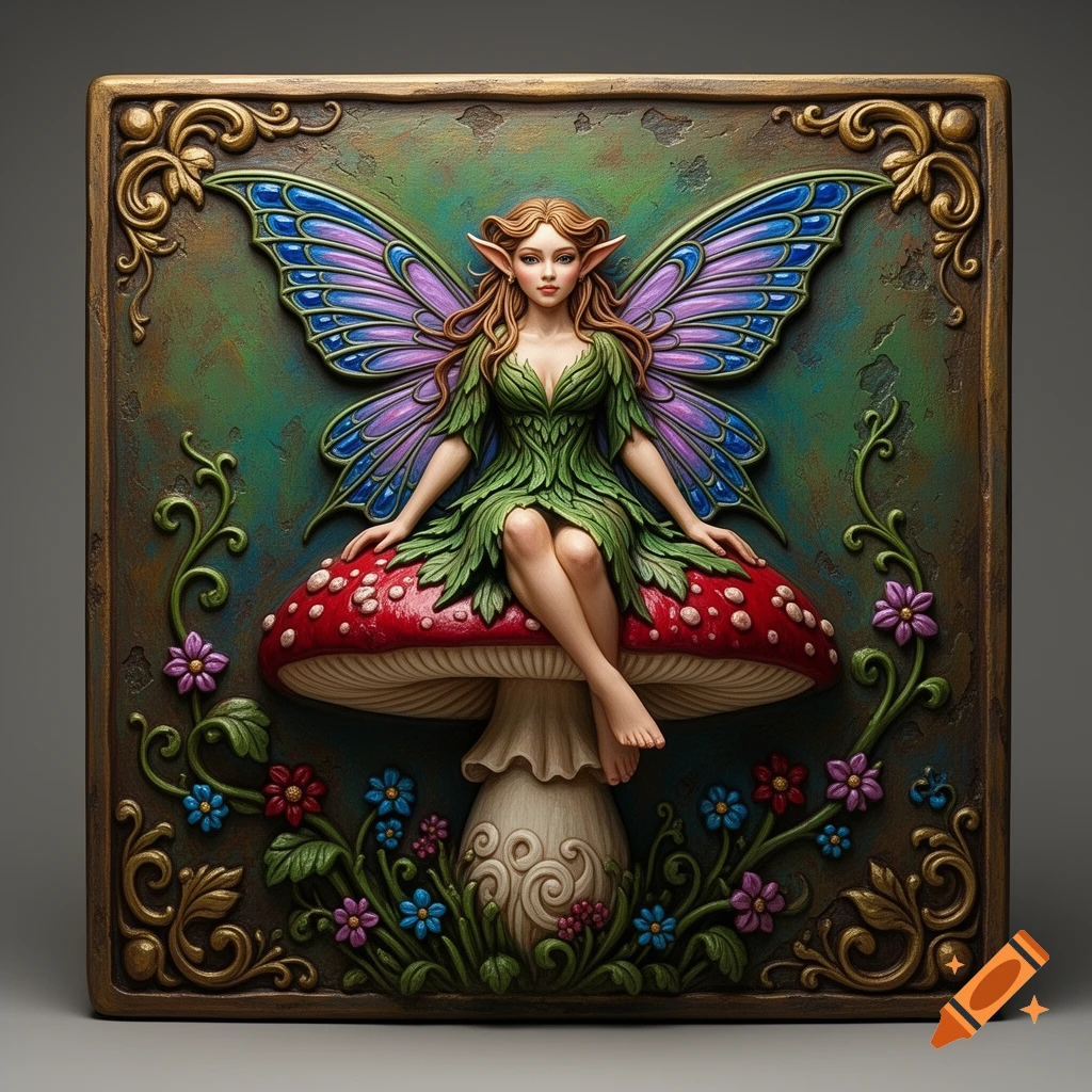Embossed square bas-relief sculpture of a whimsical fairy with purple wings sitting on a large red-and-white mushroom, surrounded by flowers.