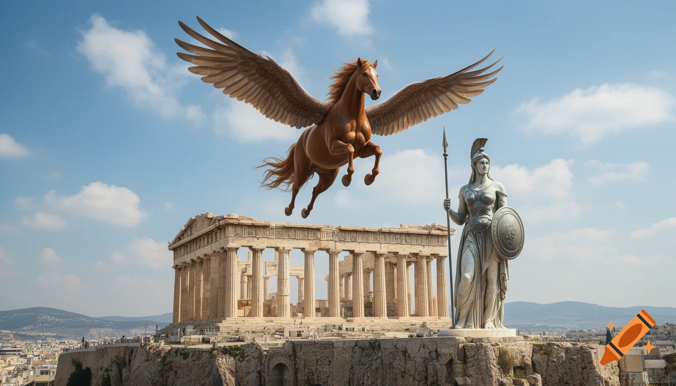 A winged horse flying over the Parthenon in Athens with a large statue of Athena, photorealistic style.