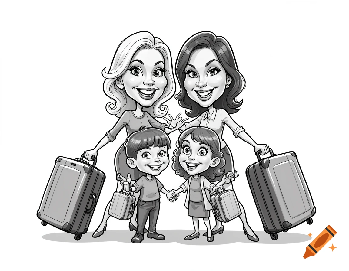 Black and white caricature drawing of two women and two children holding suitcases in a cartoon style.