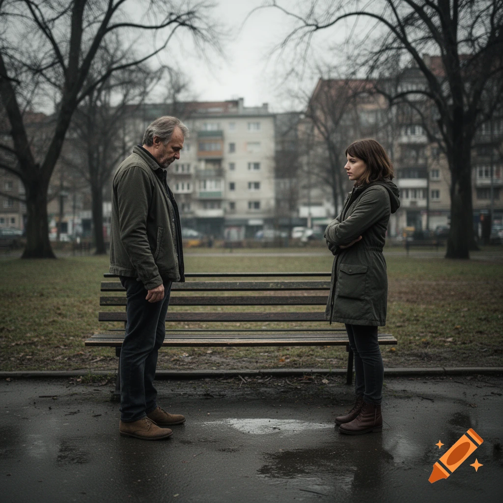 Photorealistic image of a middle-aged man and a young woman standing on opposite sides of a park bench outdoors in winter.