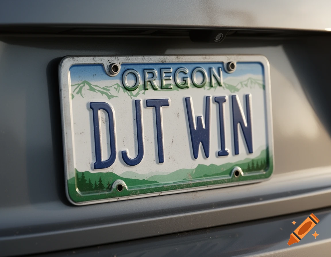 Close-up of an Oregon license plate that reads 'DJT WIN' mounted on a gray car.