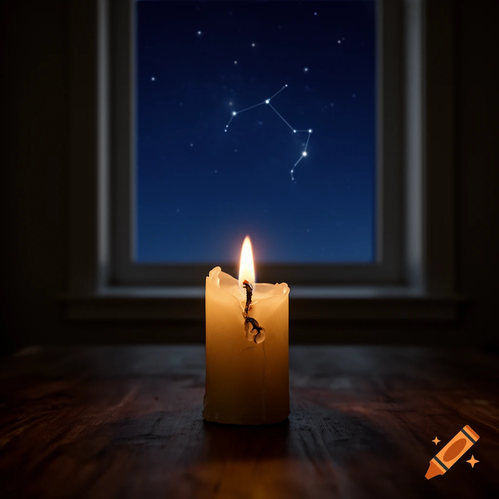 A lit candle on a wooden table with a starry night sky visible through a window behind it in a photorealistic style.