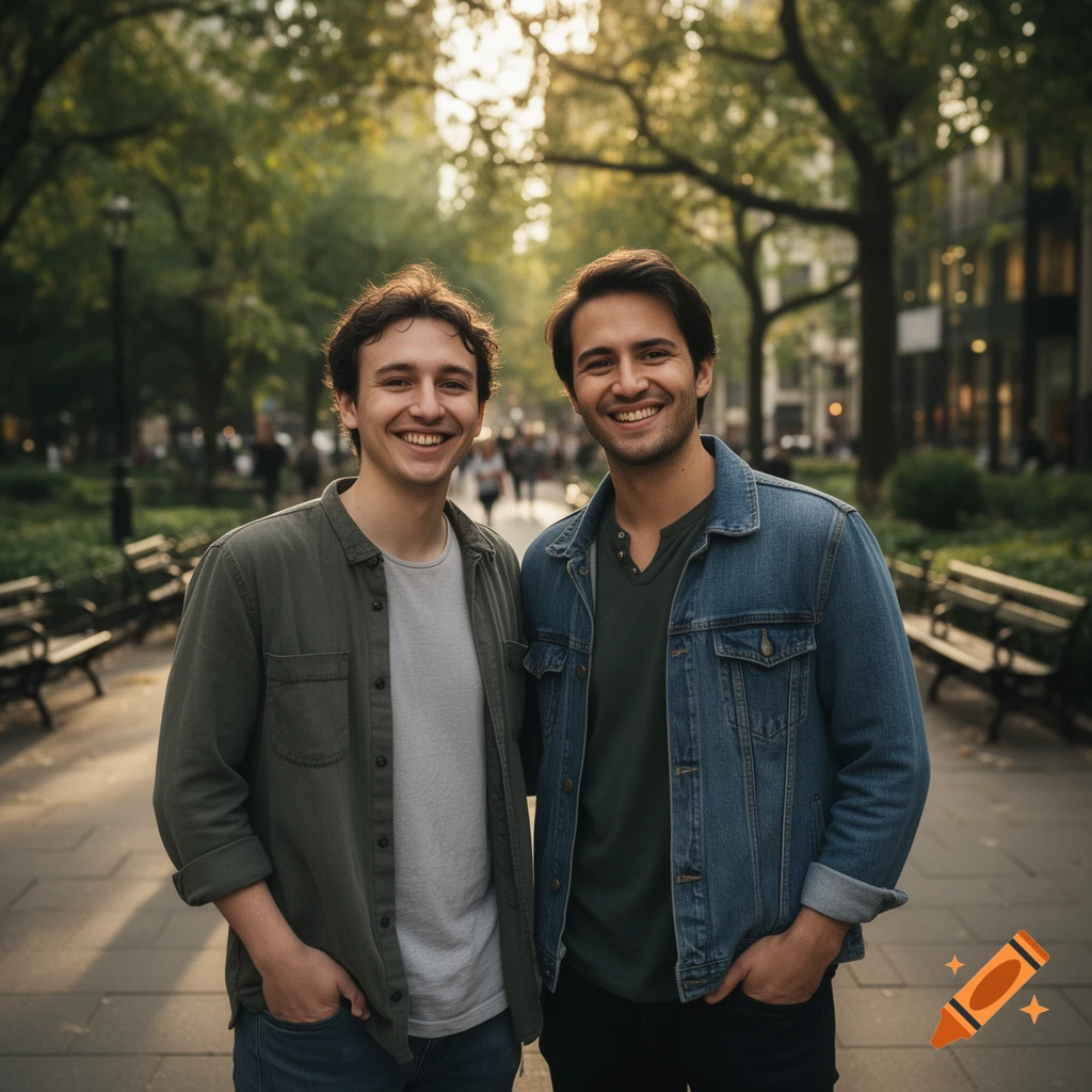 Photorealistic portrait of two young men smiling together in a park-like walkway with trees and benches.