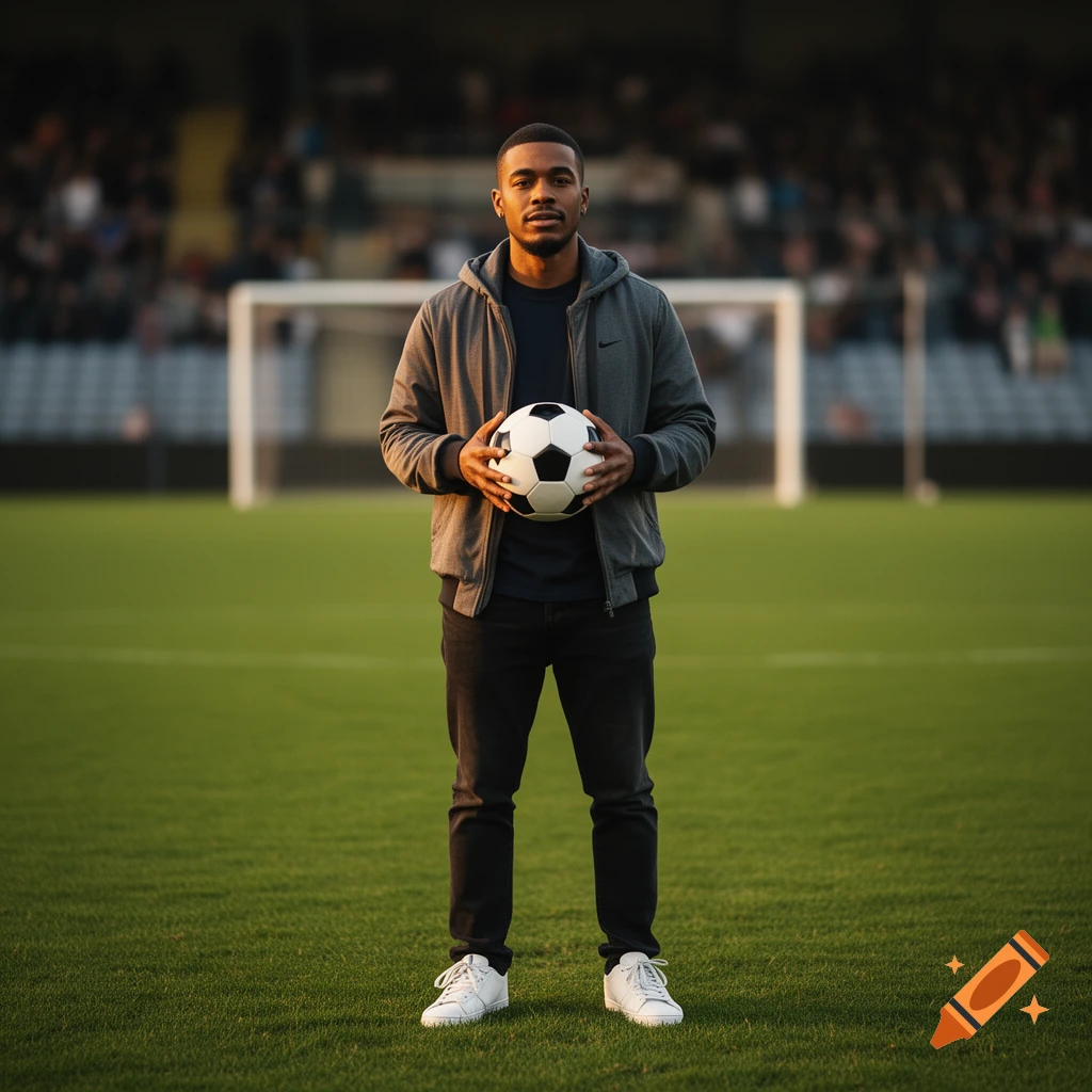 Photorealistic full-body portrait of a man standing on a soccer field, holding a football with a goal in the background.
