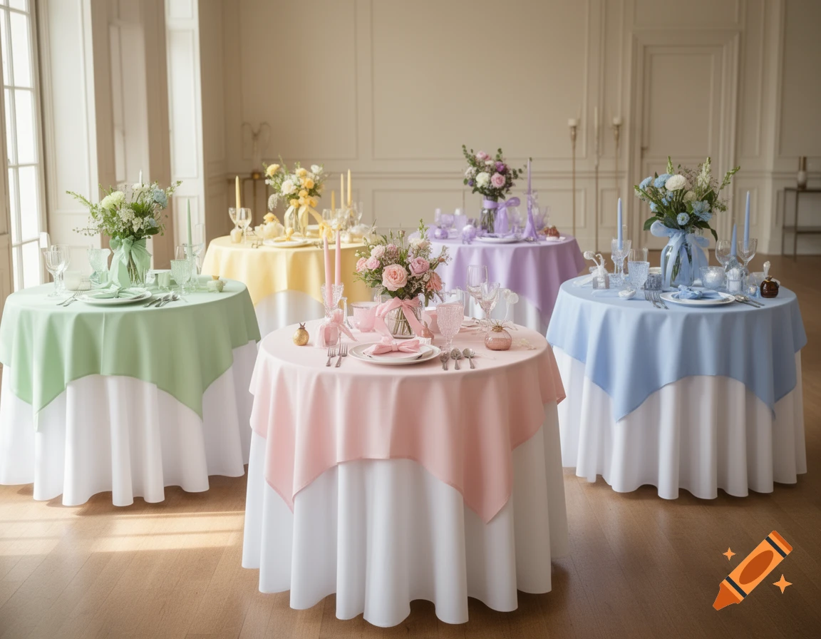 Five round tables with white tablecloths and pastel-colored overlays in green, yellow, pink, purple, and blue, decorated with floral centerpieces.