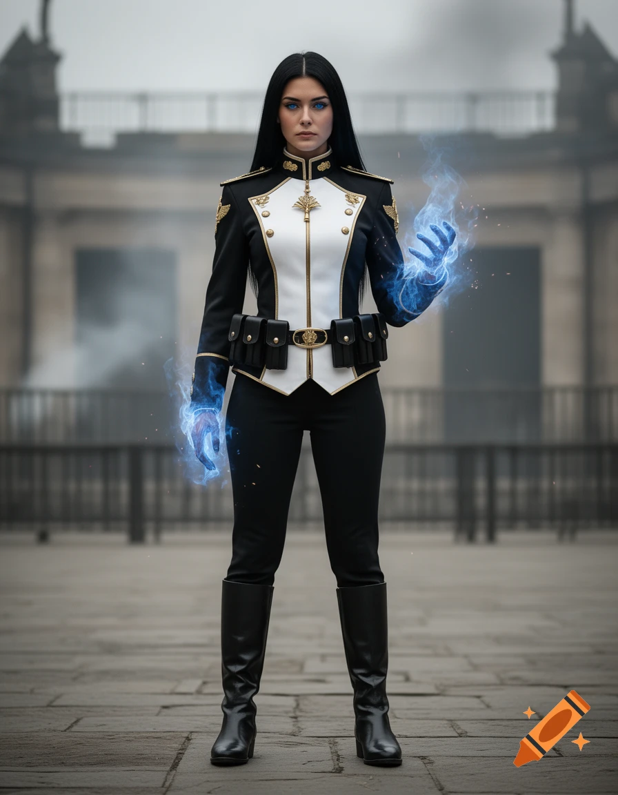 Photorealistic portrait of a female military-fantasy mage with long black hair, blue eyes, and glowing blue magic in her hands.