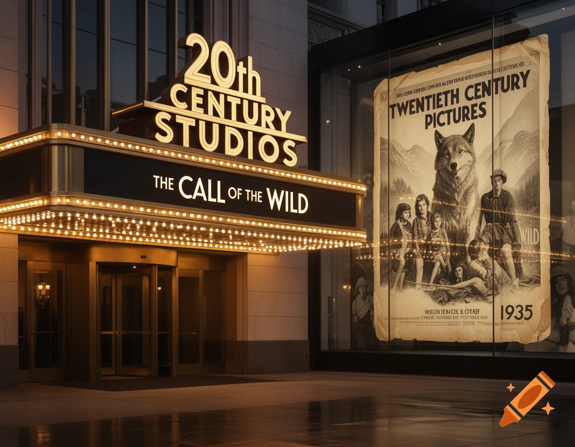 Photorealistic image of a vintage 20th Century Studios theatre facade with lit marquee and movie poster.