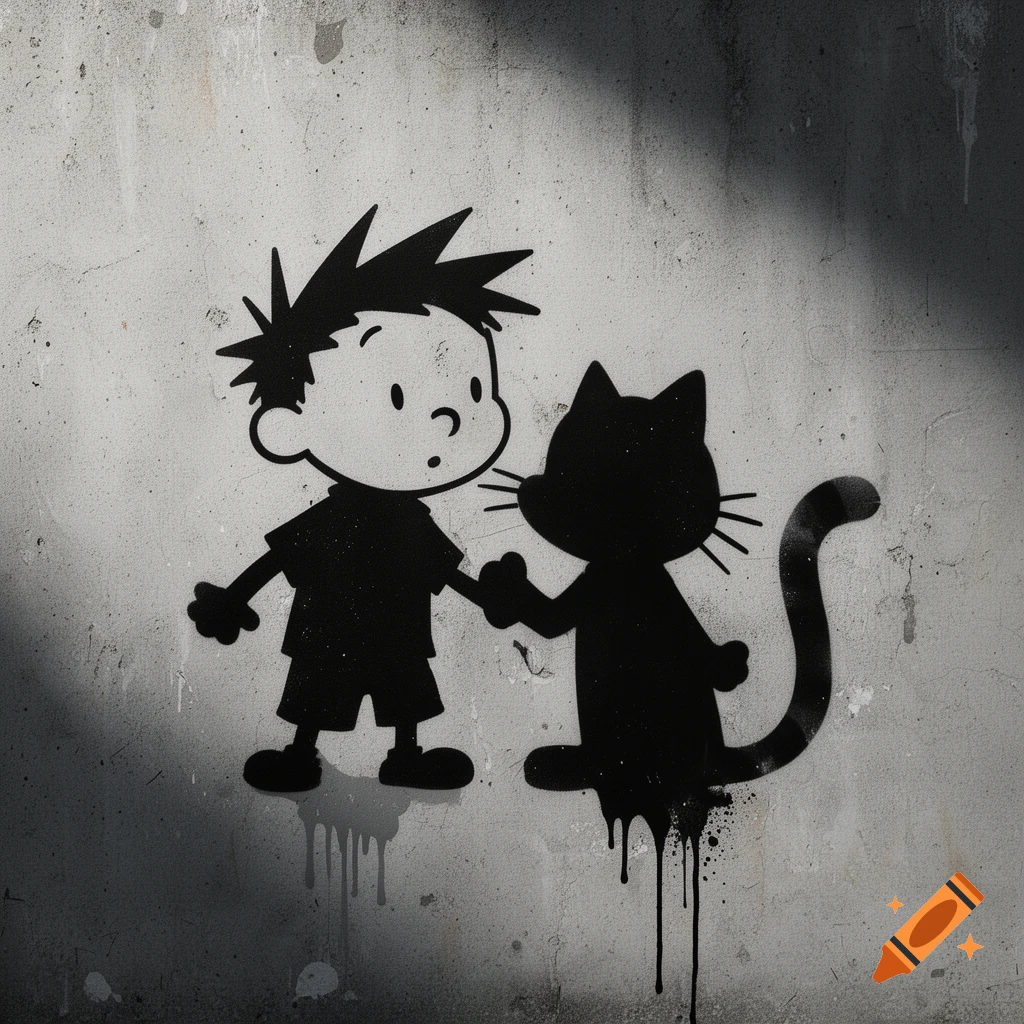 Stencil-style black silhouette graffiti of a boy and a cat holding hands on a gray concrete wall.