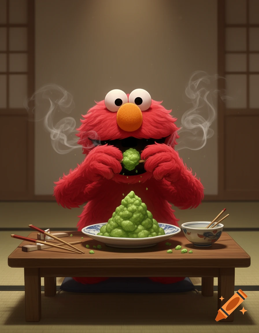 Elmo sitting at a wooden table in a traditional Japanese room, eating a large pile of wasabi with chopsticks, digital art style.