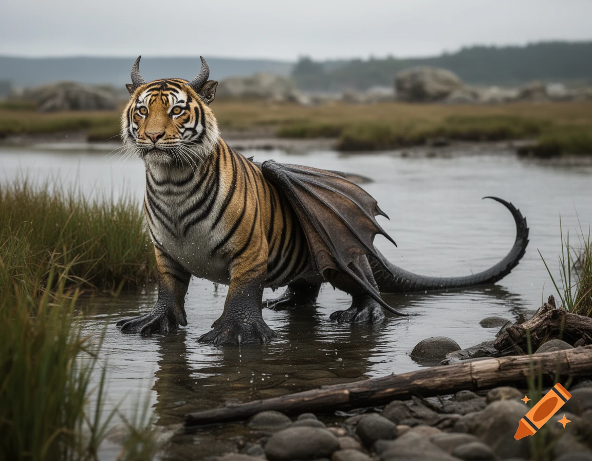 Photorealistic image of a hybrid creature with a tiger head, horns, wings, and seal flippers standing in a shallow body of water.