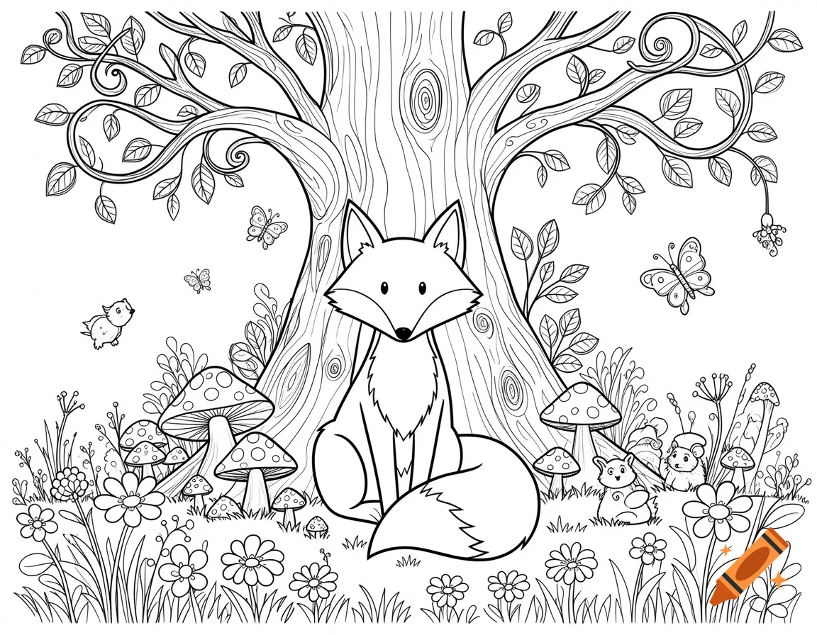Black and white coloring book page featuring a fox sitting in front of a large tree surrounded by mushrooms, flowers, and butterflies.
