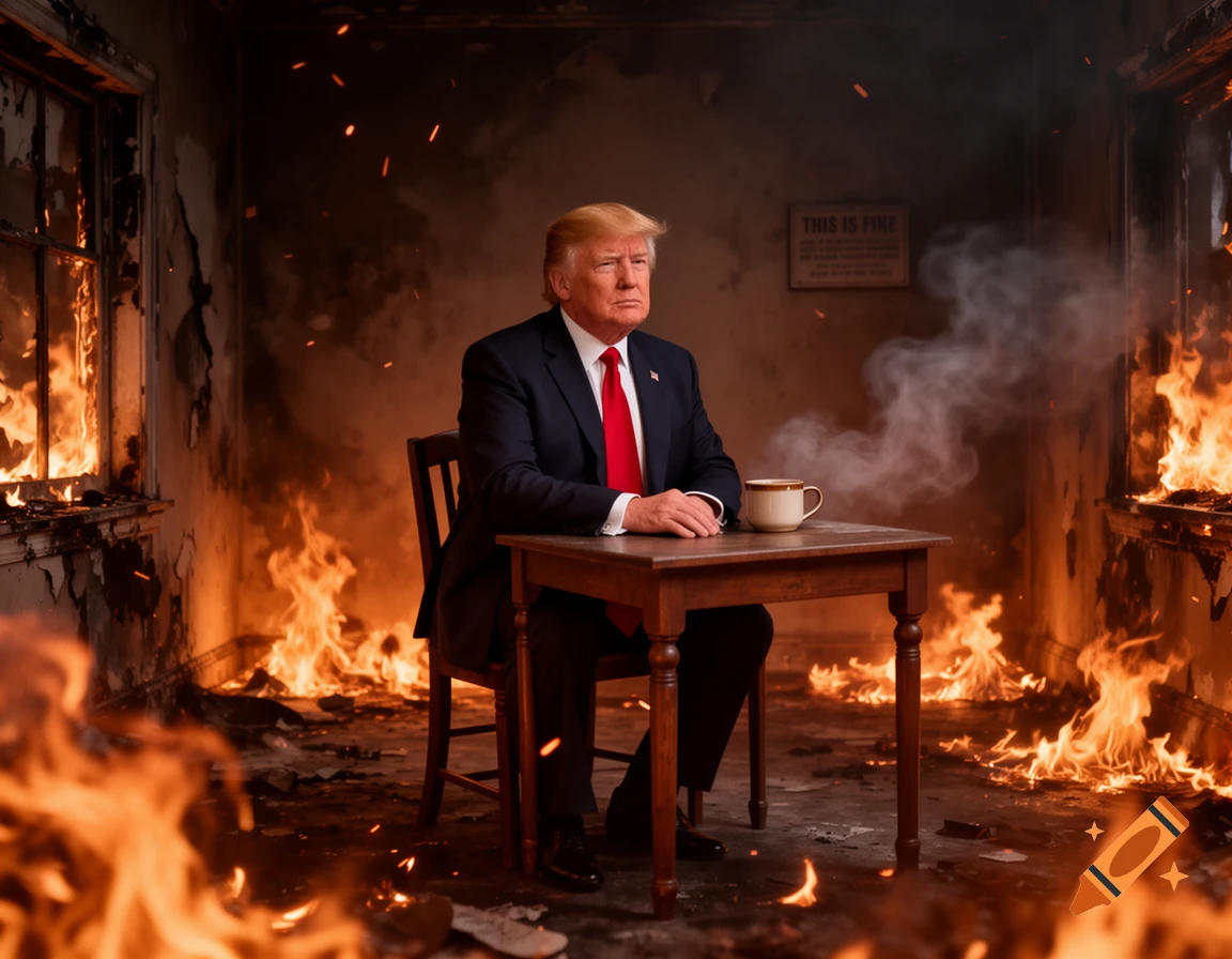 Photorealistic parody of the 'This is fine' meme featuring Donald Trump sitting at a table in a room consumed by fire, holding a mug.