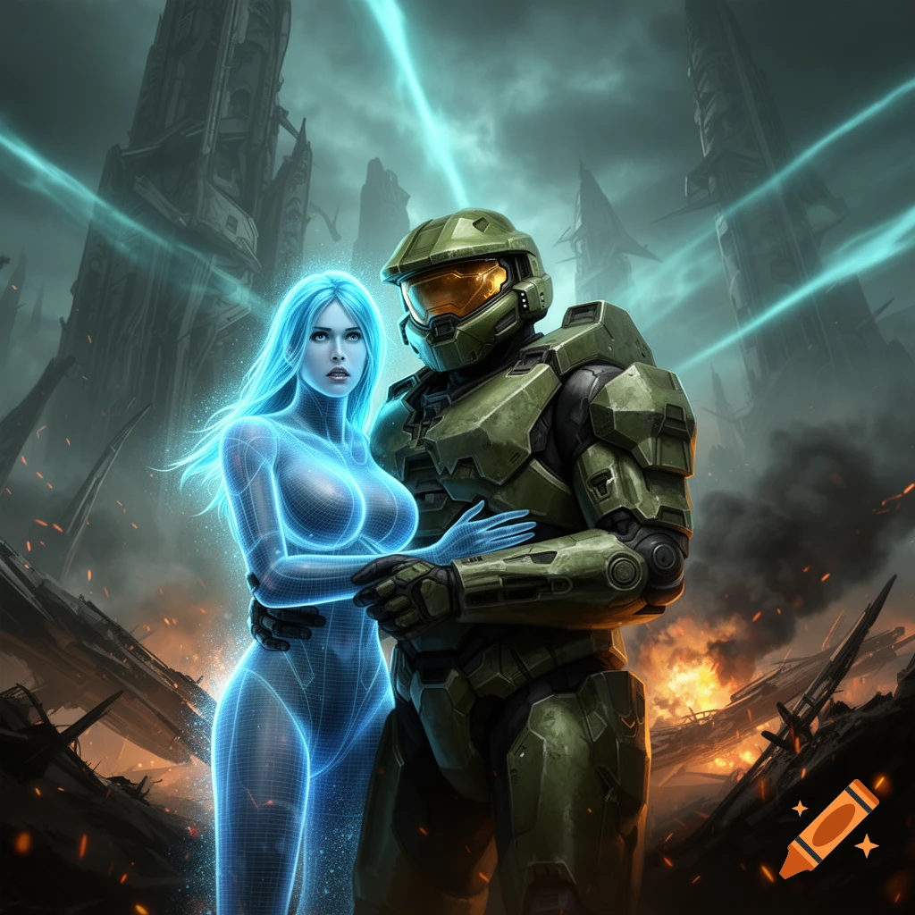 Digital illustration of Master Chief in green armor embracing Cortana as a glowing blue holographic figure in a war-torn sci-fi setting.
