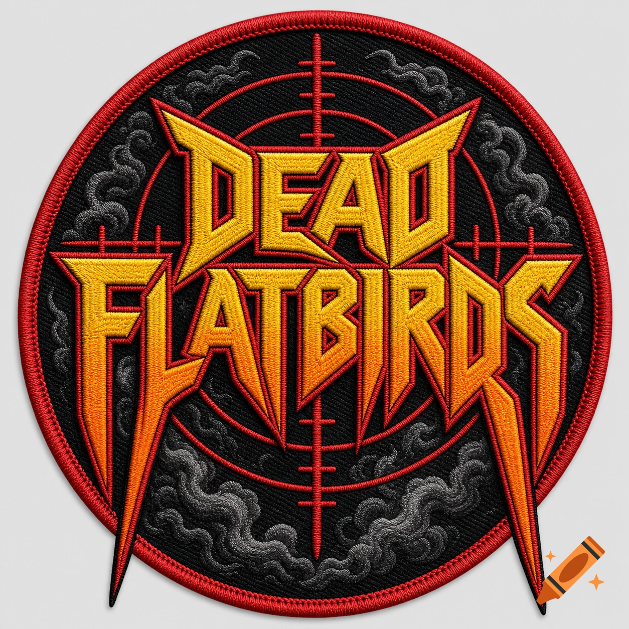 Heavy metal embroidered circular patch with yellow and orange geometric text reading DEAD FLATBIRDS on a black smoky background with red target crosshairs.