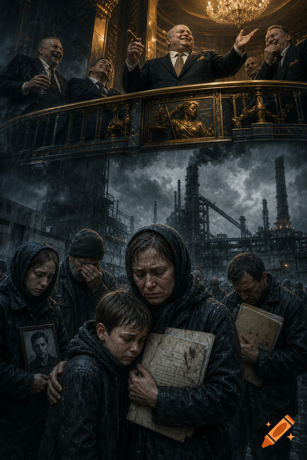 Split-composition photorealistic image depicting corrupt officials celebrating above and grieving families below in the rain.