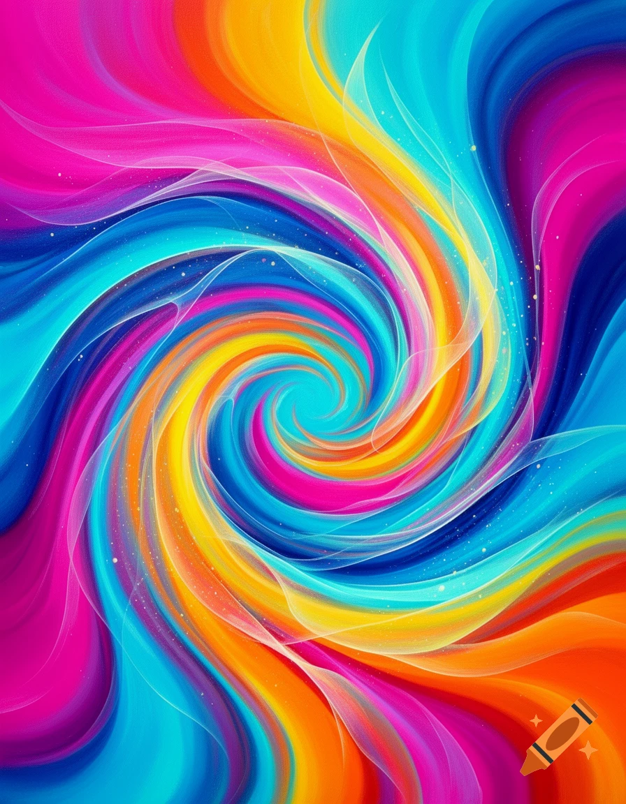 Colorful digital abstract swirl pattern with vibrant neon pink, blue, yellow, and orange waves.