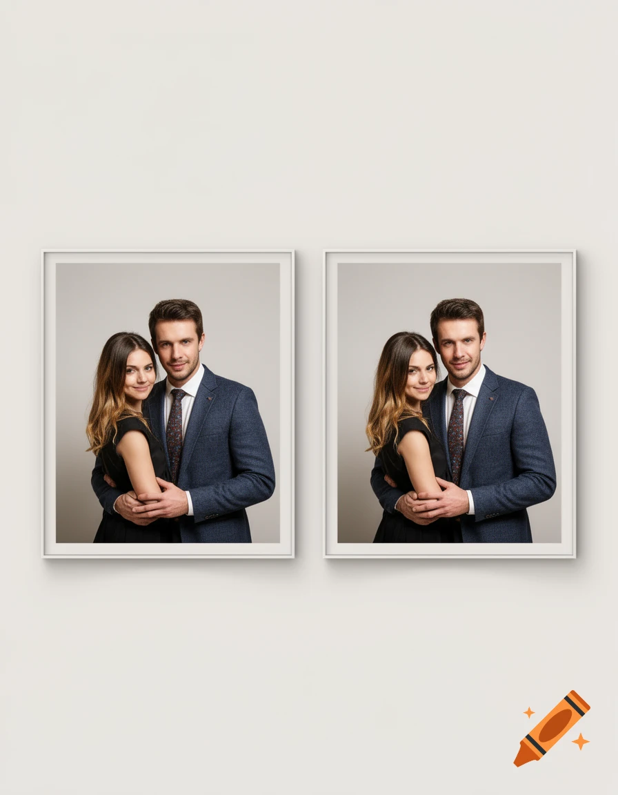 Two identical framed photographs of a smiling young couple in formal wear against a neutral background.