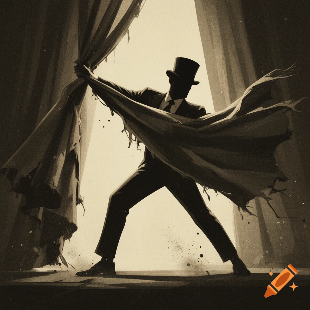 Monochrome illustration of a man in a suit and top hat tearing down a curtain in a 1960s style.