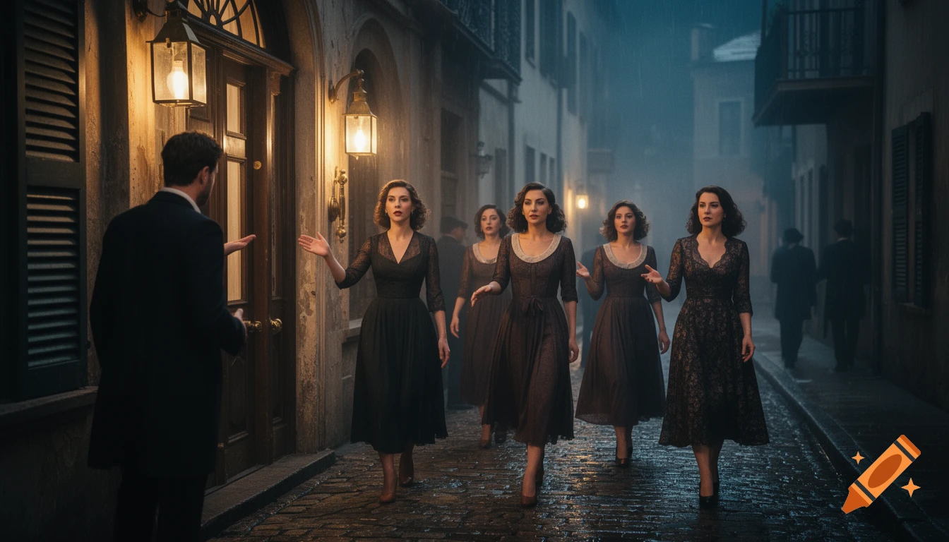Cinematic shot of several women in dark dresses walking down a wet cobblestone street at night, lit by warm lanterns.