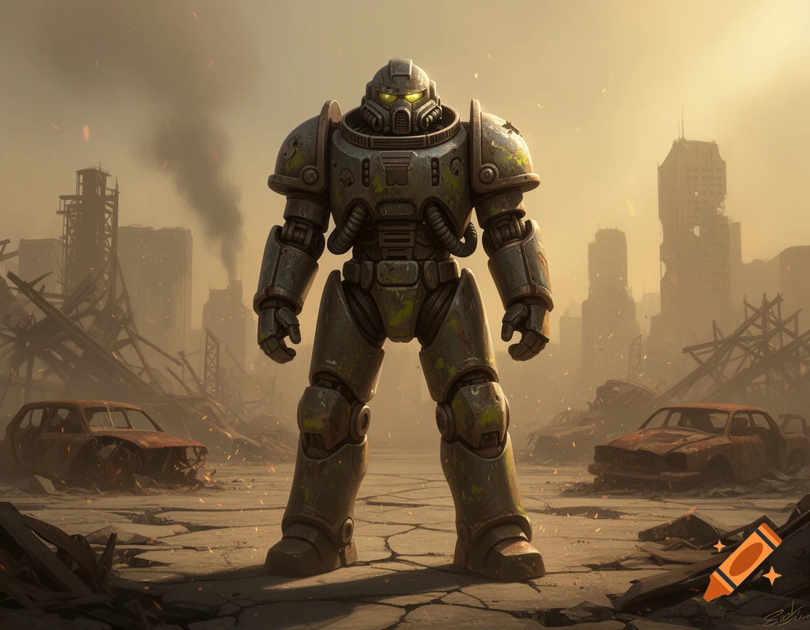 A full-length shot of a heavily armored soldier in futuristic power armor standing in a ruined, dusty city street.