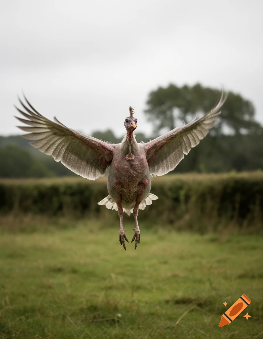 Photorealistic image of a featherless guinea fowl flying in a green field with a cloudy sky.