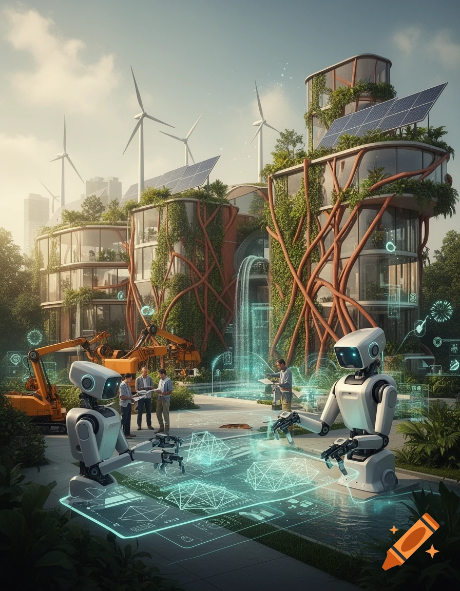 Robots interacting with a holographic interface in front of eco-friendly futuristic buildings with wind turbines.