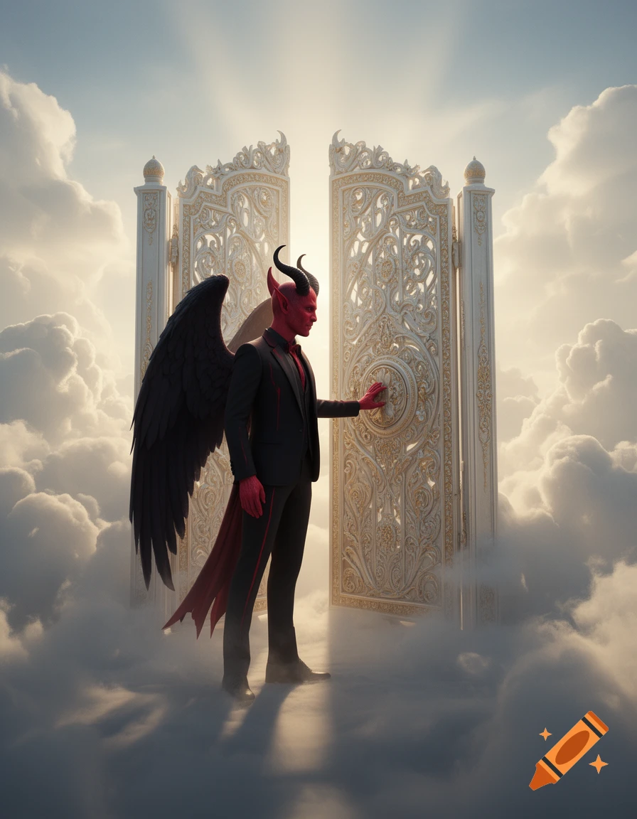 A red-skinned demon in a black suit with black feathered wings knocks on ornate white gates amidst clouds in a photorealistic style.